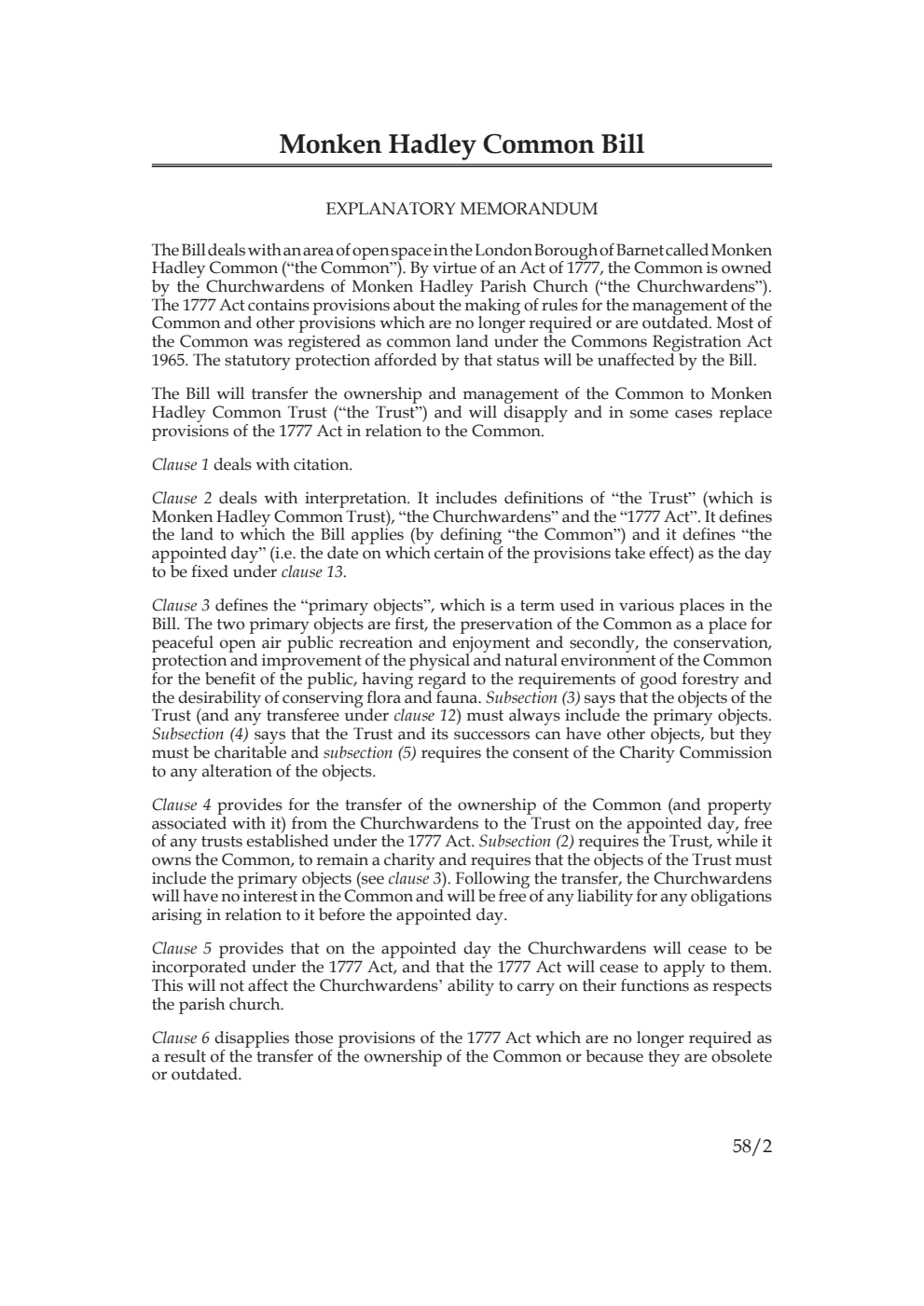 Monken Hadley Common Bill [as brought from the Commons]