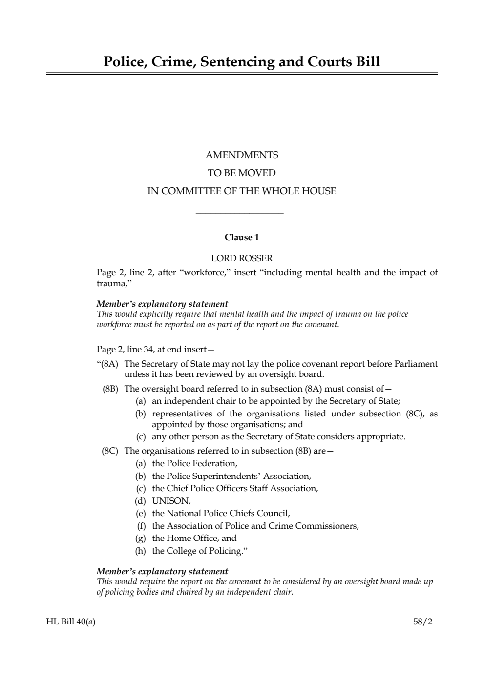 Police, Crime, Sentencing and Courts Bill Amendments to be moved in Committee of the Whole House