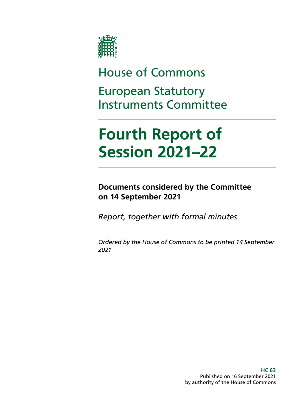 European Statutory Instruments Committee 4th Report of Session 2021-22