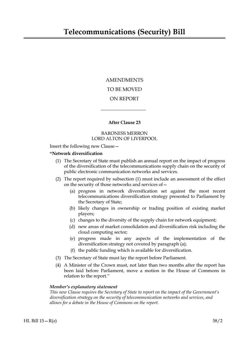 Telecommunications (Security) Bill Amendments to be moved on Report