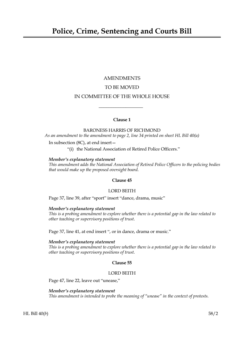 Police, Crime, Sentencing and Courts Bill Amendments to be moved in Committee of the Whole House