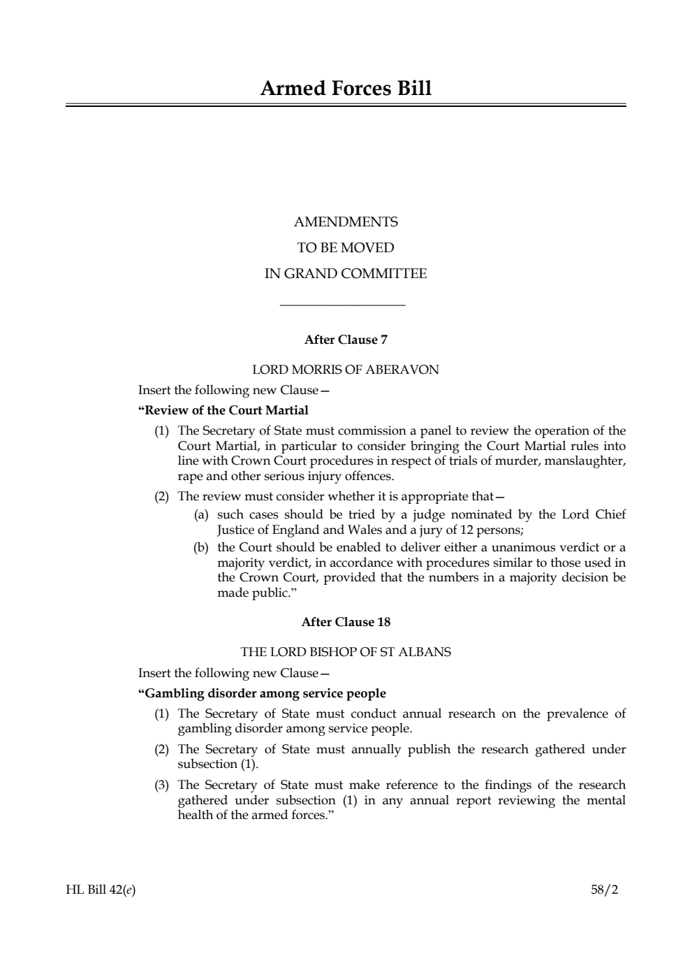 Armed Forces Bill Amendments to be moved in Grand Committee