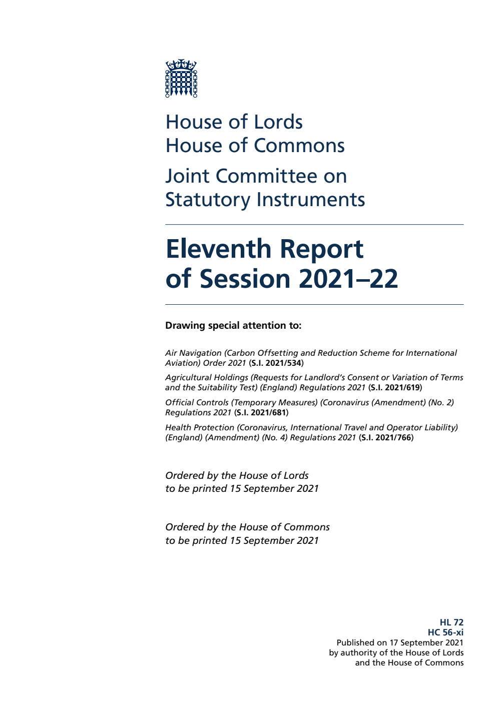 Joint Committee on Statutory Instruments 11th Report of Session 2021-22
