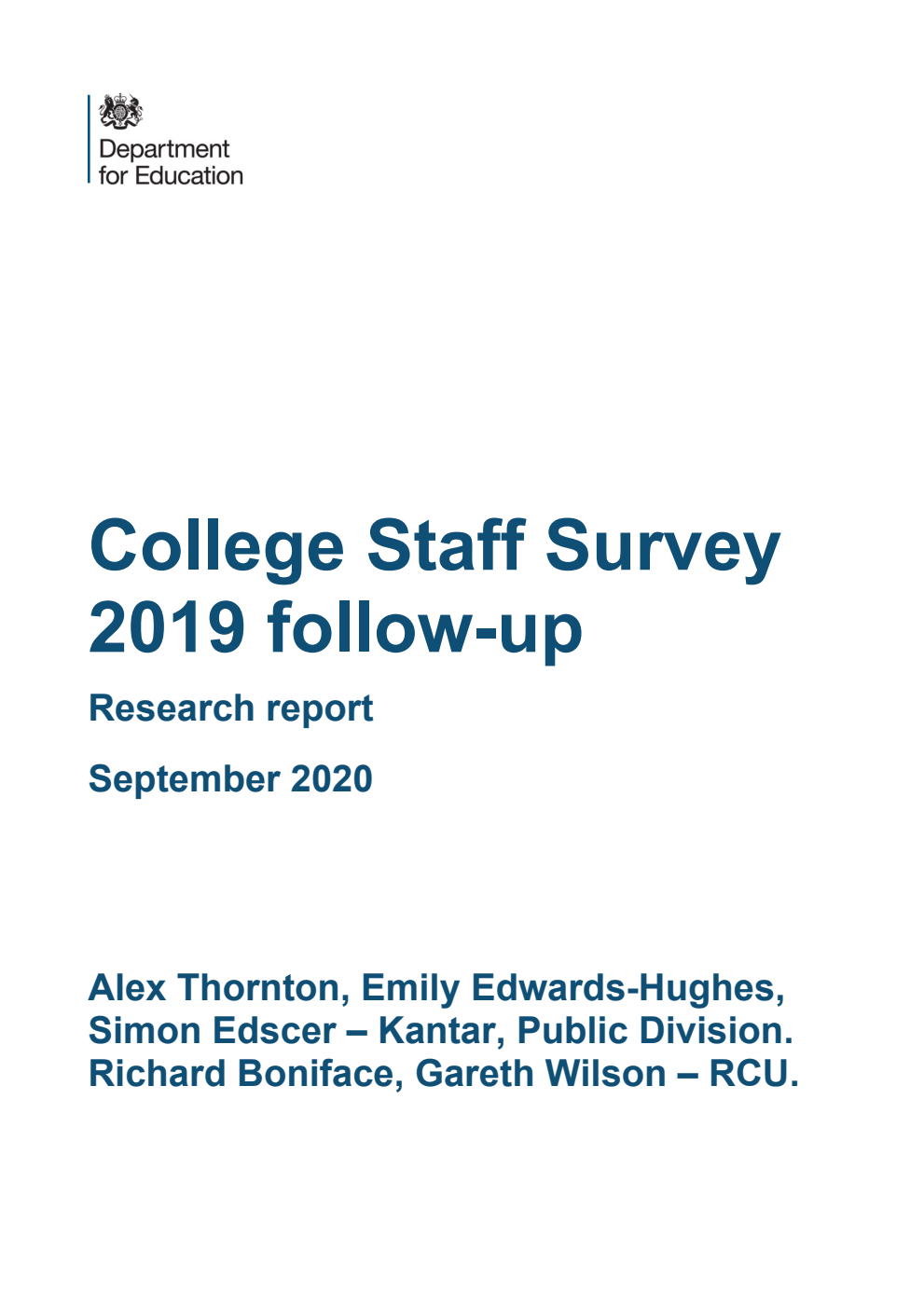 DFE-RR993. College Staff Survey 2019 follow-up. Research report, September 2020