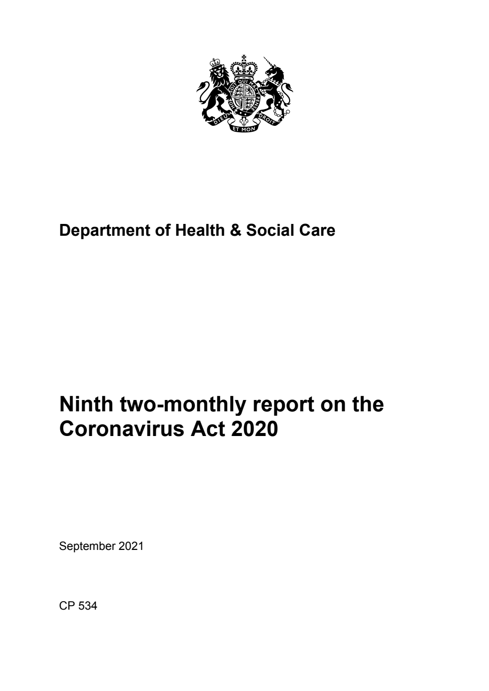 Ninth two-monthly report on the Coronavirus Act 2020. September 2021