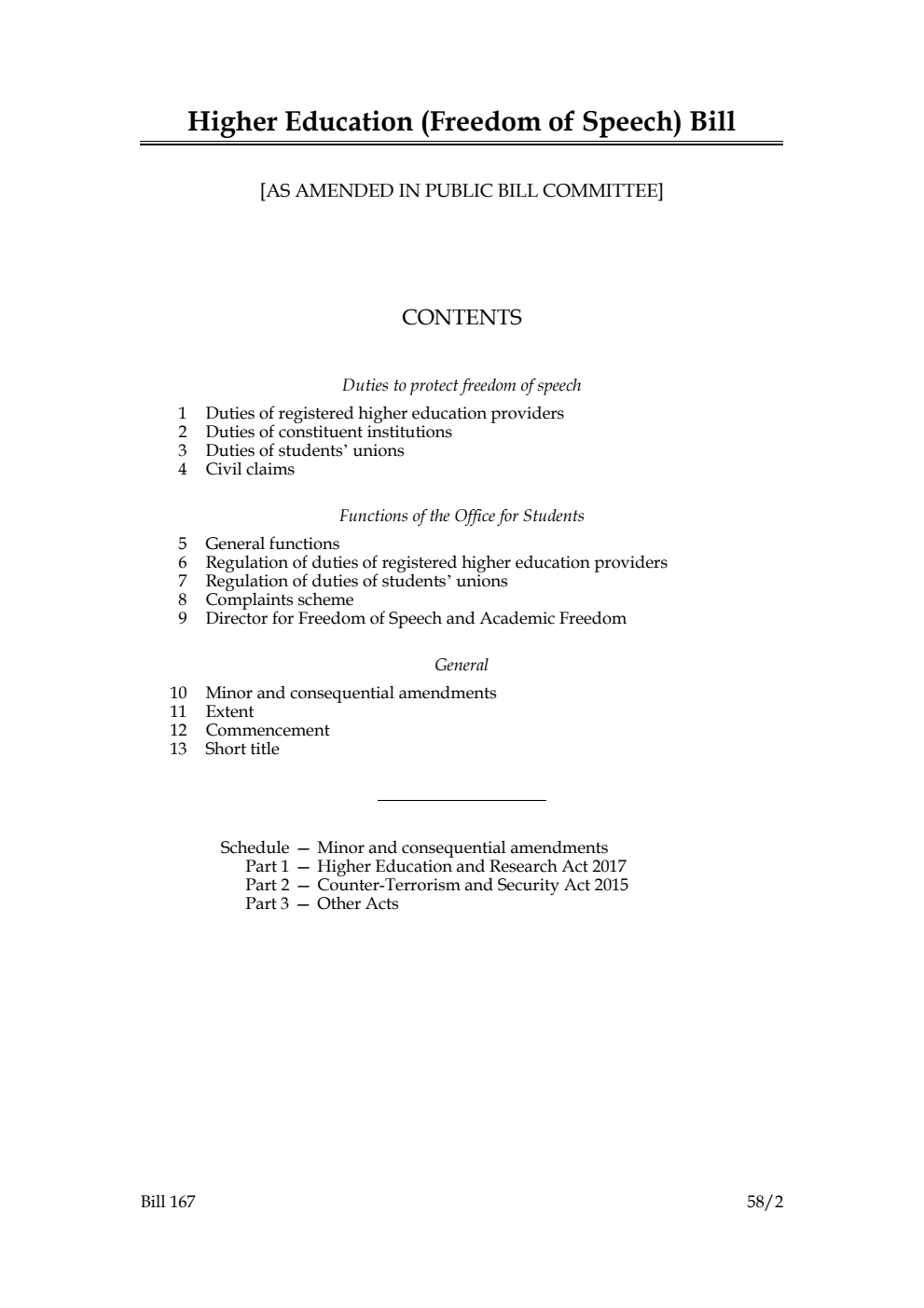 Higher Education (Freedom of Speech) Bill [as amended in Public Bill Committee]