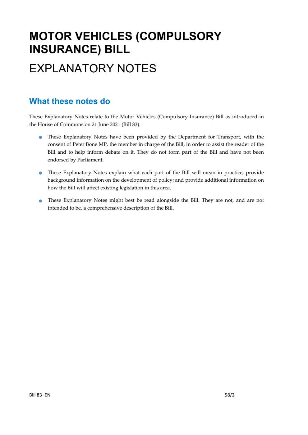 Motor Vehicles (Compulsory Insurance) Bill Explanatory Notes