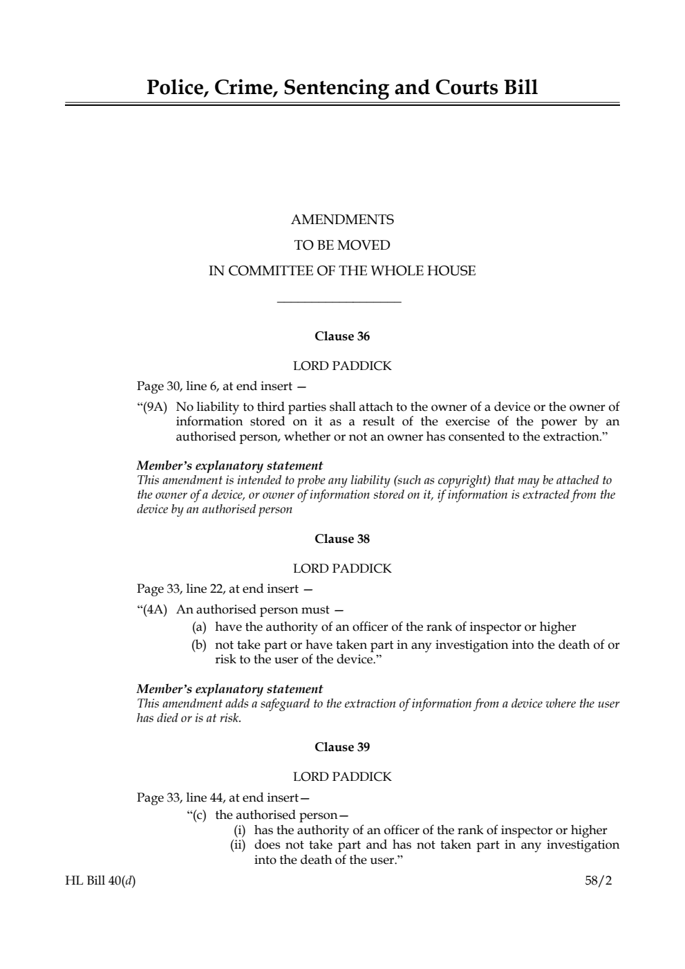 Police, Crime, Sentencing and Courts Bill Amendments to be moved in Committee of the Whole House