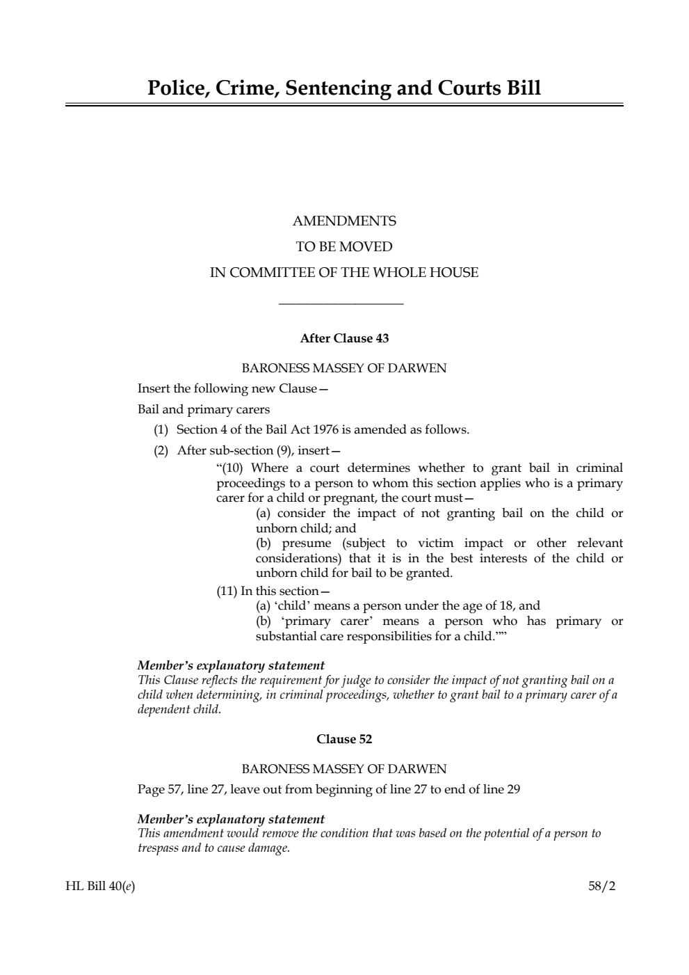 Police, Crime, Sentencing and Courts Bill Amendments to be moved in Committee of the Whole House