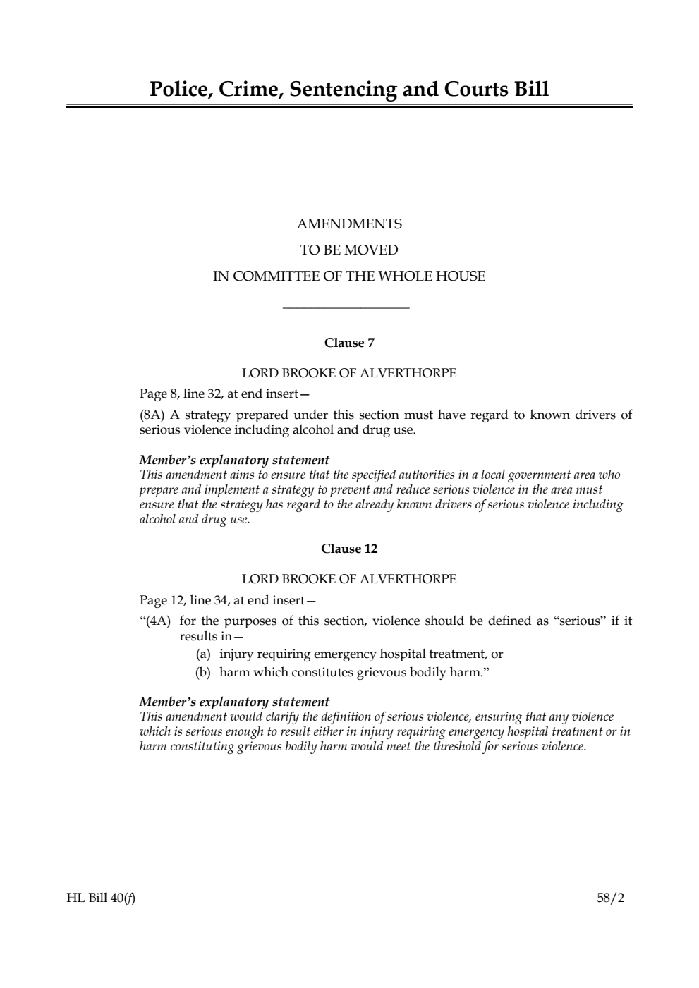 Police, Crime, Sentencing and Courts Bill Amendments to be moved in Committee of the Whole House