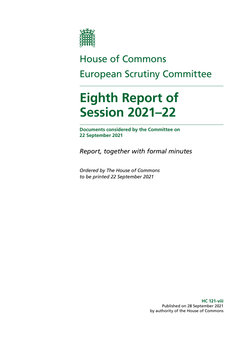 European Scrutiny Committee 8th Report of Session 2021-22