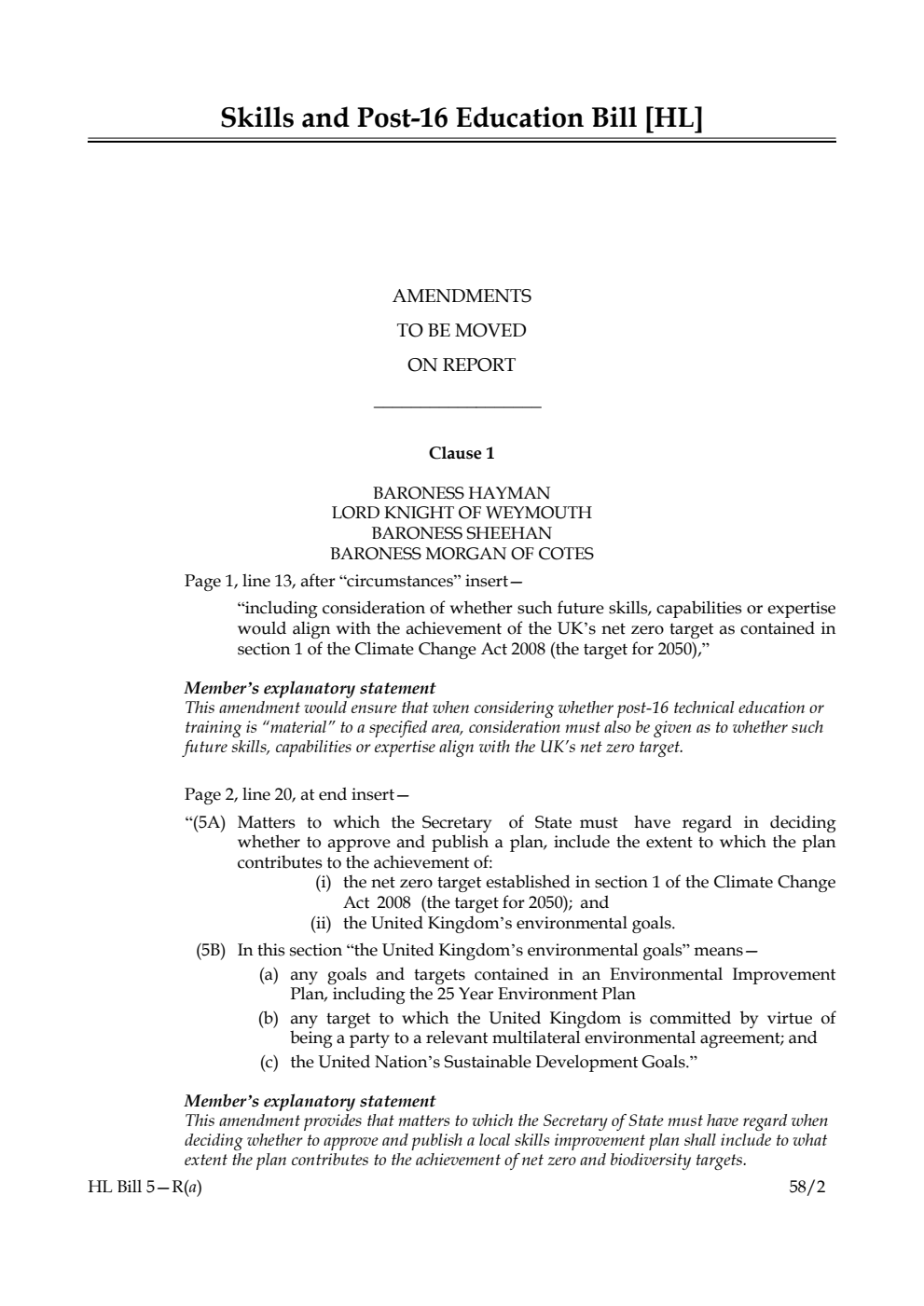 Skills and Post-16 Education Bill Amendments to be moved on Report