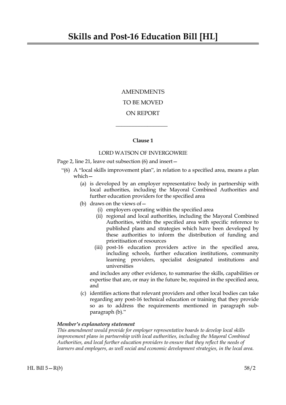 Skills and Post-16 Education Bill Amendments to be moved on Report