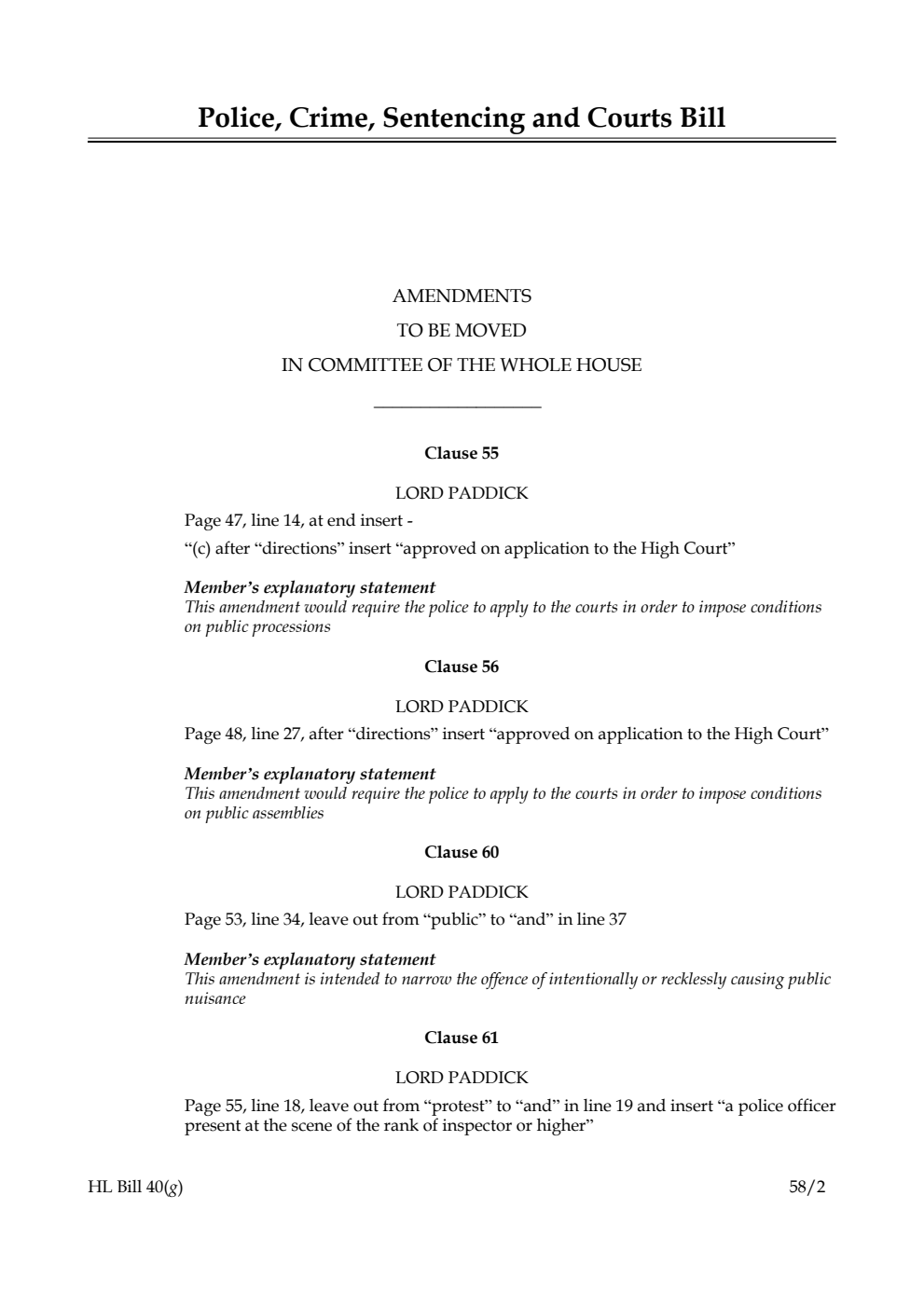 Police, Crime, Sentencing and Courts Bill Amendments to be moved in Committee of the Whole House