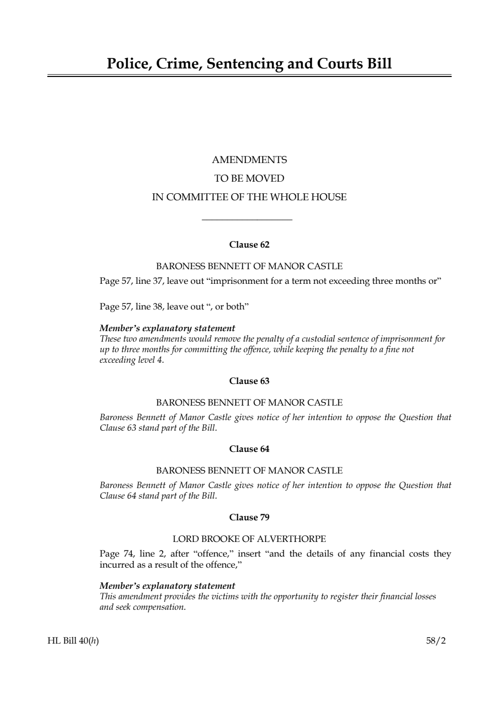 Police, Crime, Sentencing and Courts Bill Amendments to be moved in Committee of the Whole House