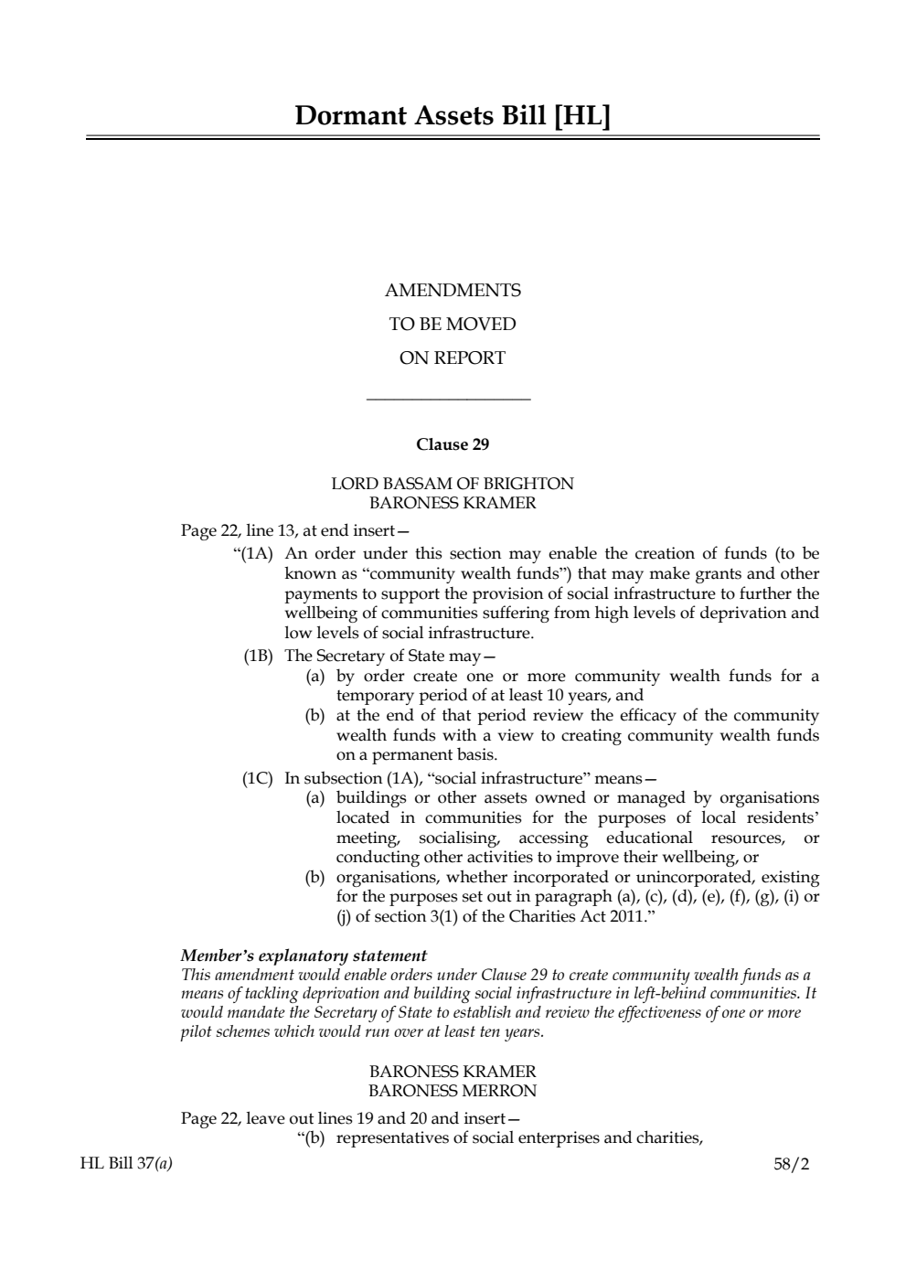 Dormant Assets Bill Amendments to be moved on Report