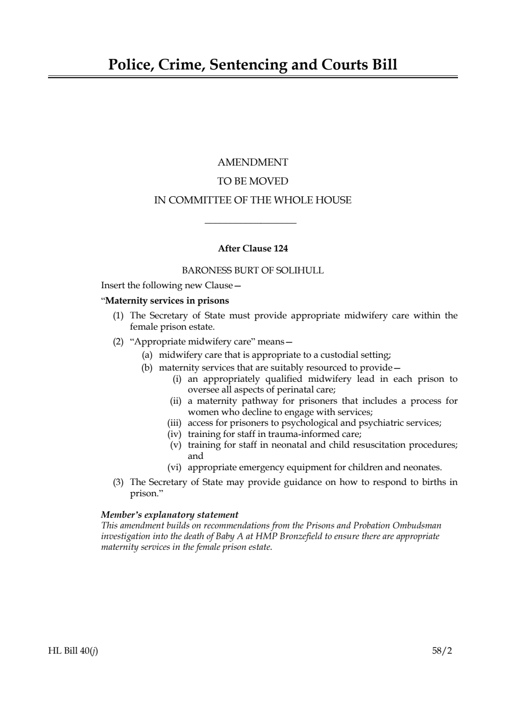 Police, Crime, Sentencing and Courts Bill Amendments to be moved in Committee of the Whole House