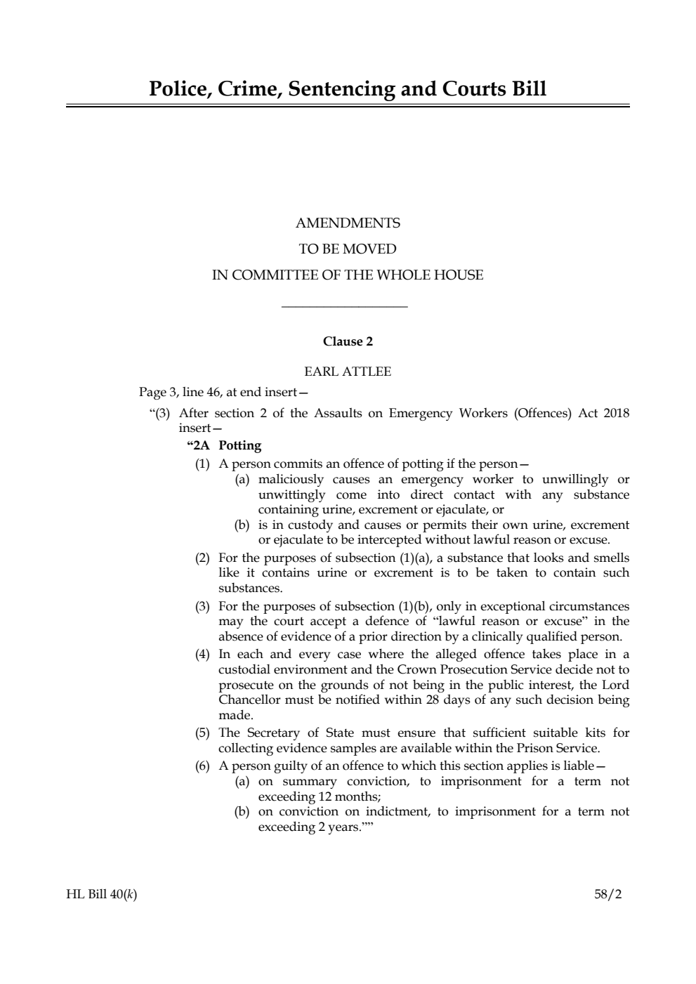 Police, Crime, Sentencing and Courts Bill Amendments to be moved in Committee of the Whole House