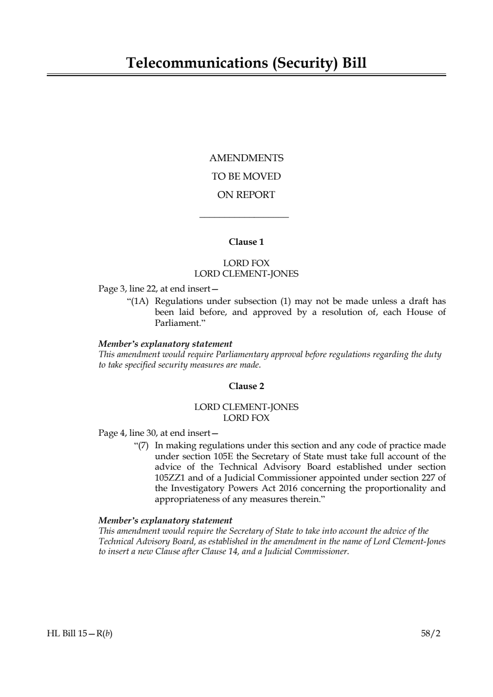 Telecommunications (Security) Bill Amendments to be moved on Report