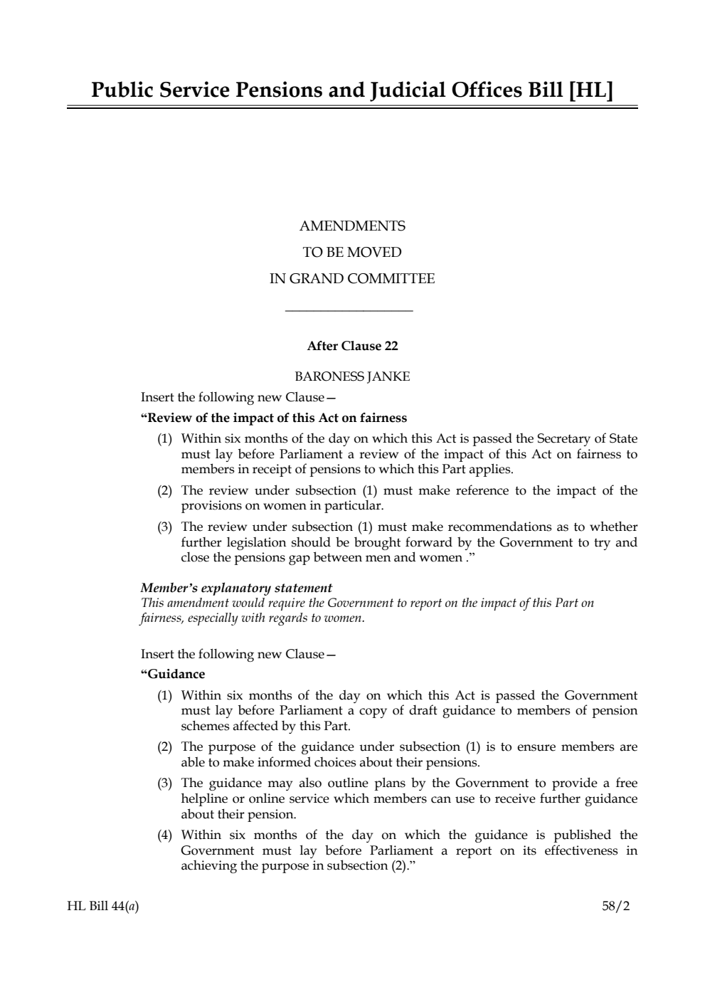 Public Service Pensions and Judicial Offices Bill Amendments to be moved in Grand Committee