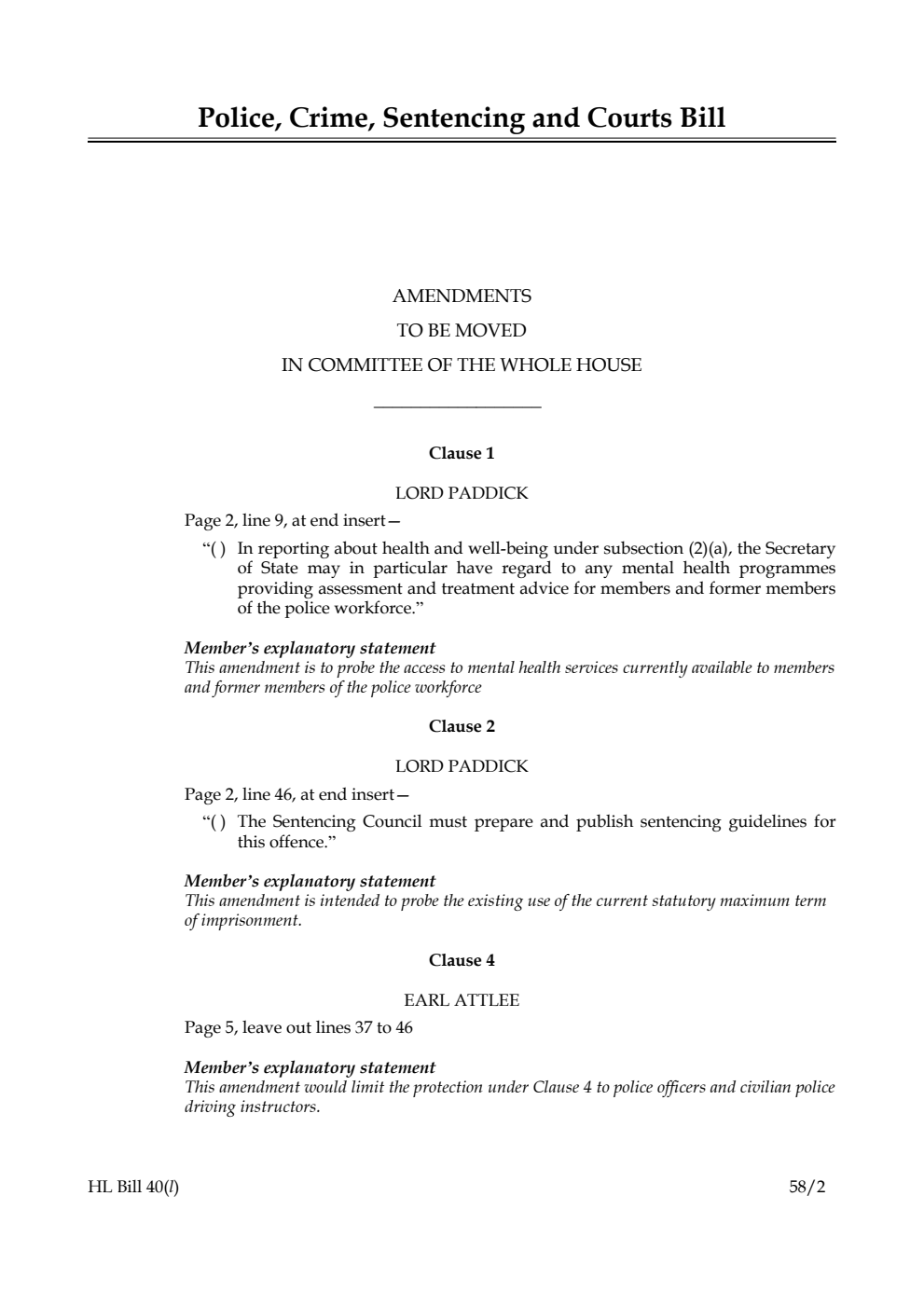 Police, Crime, Sentencing and Courts Bill Amendments to be moved in Committee of the Whole House