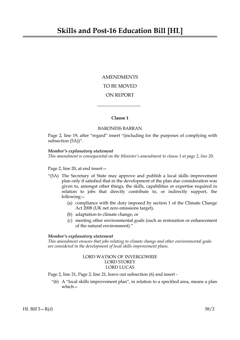 Skills and Post-16 Education Bill Amendments to be moved on Report