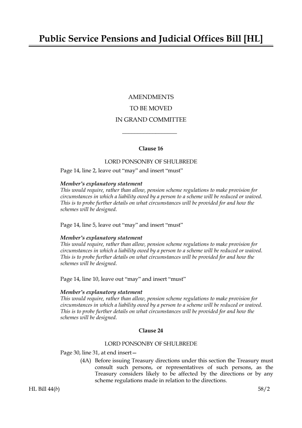 Public Service Pensions and Judicial Offices Bill Amendments to be moved in Grand Committee