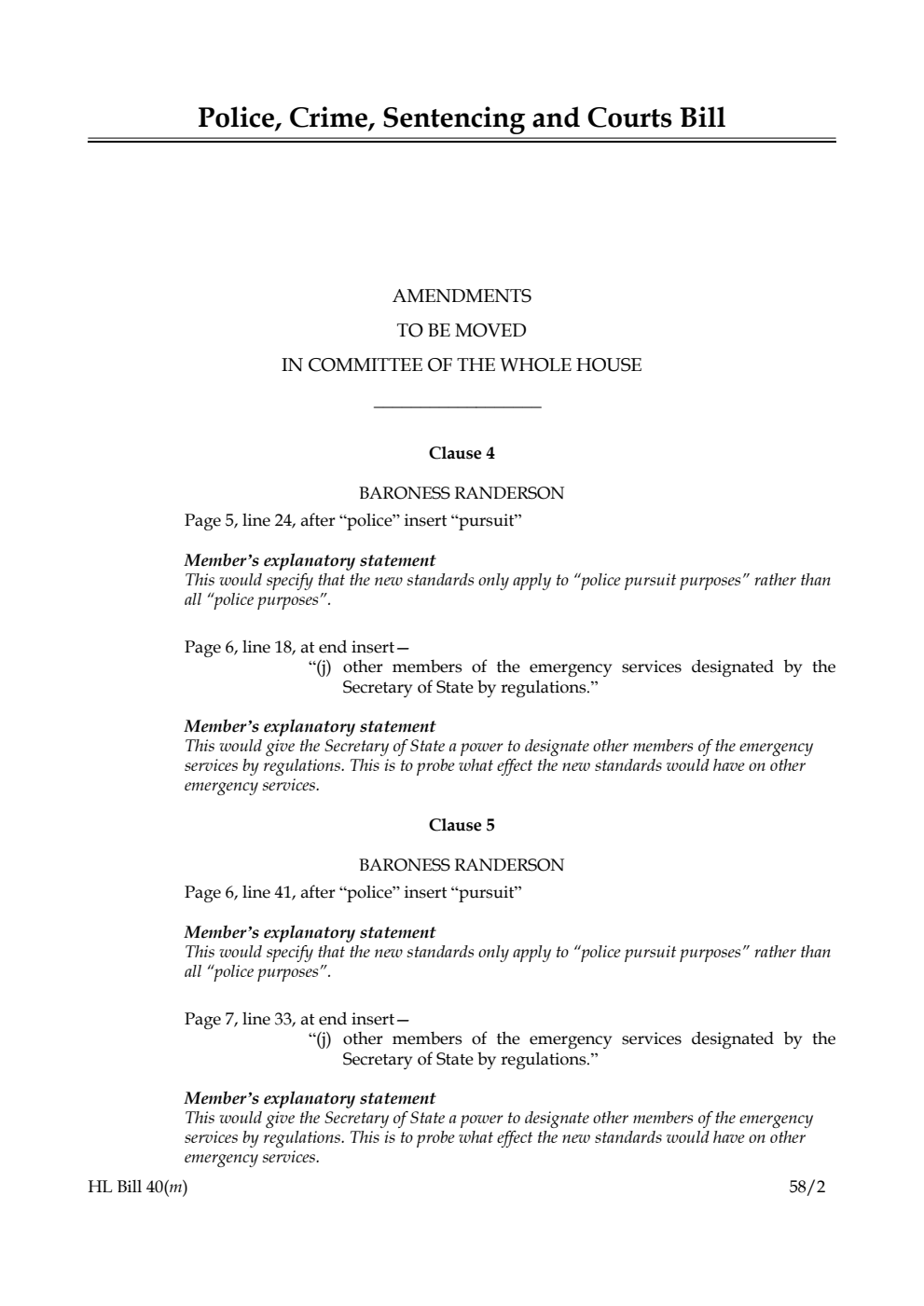 Police, Crime, Sentencing and Courts Bill Amendments to be moved in Committee of the Whole House
