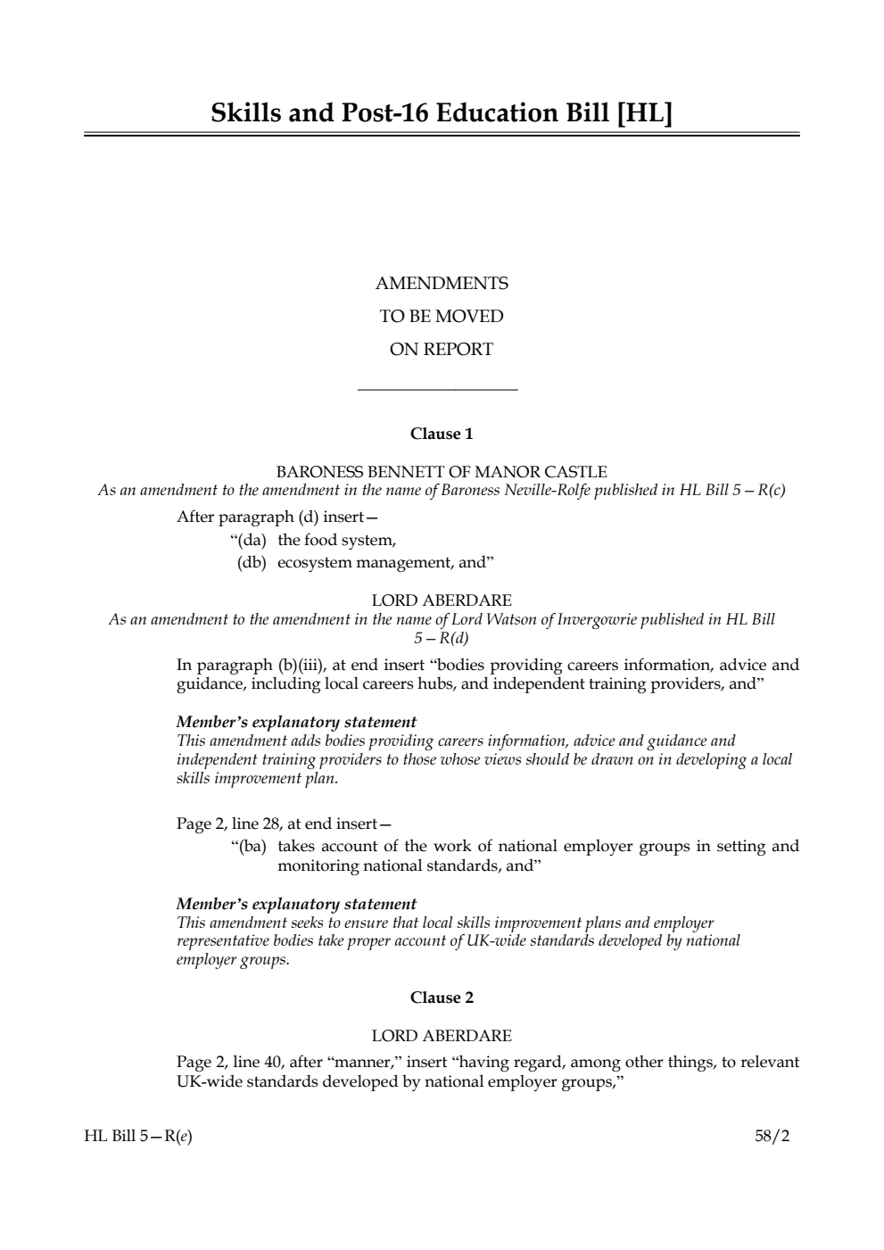 Skills and Post-16 Education Bill Amendments to be moved on Report