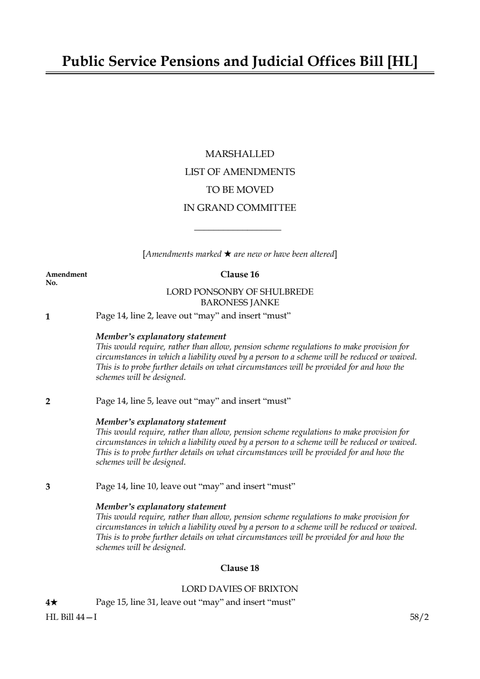 Public Service Pensions and Judicial Offices Bill Marshalled List of Amendments to be moved in Grand Committee