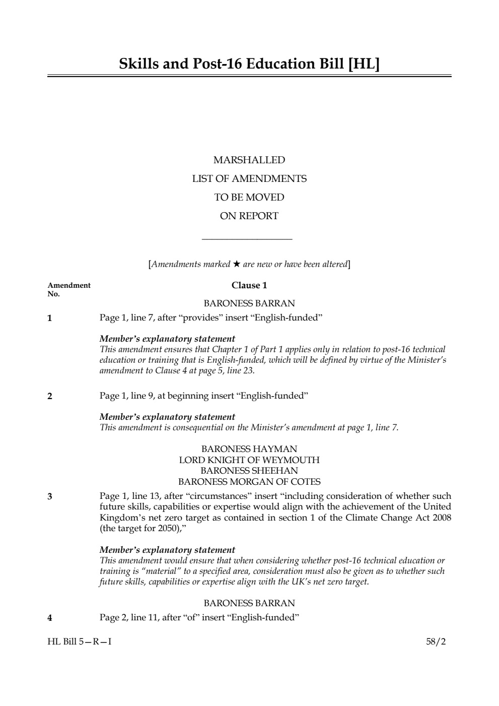 Skills and Post-16 Education Bill Marshalled List of amendments to be moved on report