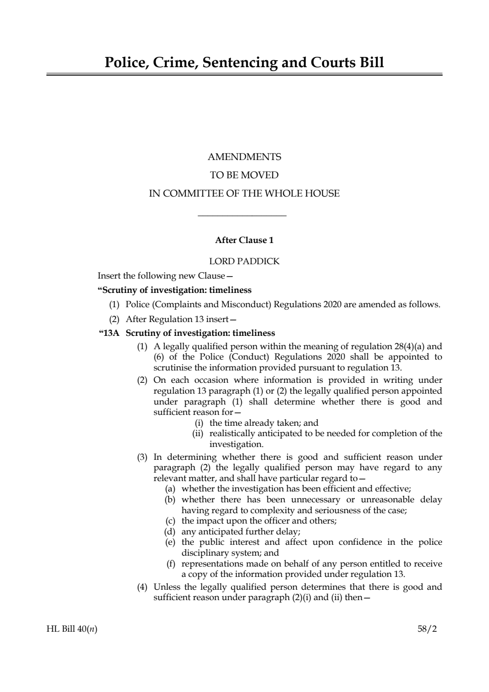 Police, Crime, Sentencing and Courts Bill Amendments to be moved in Committee of the Whole House