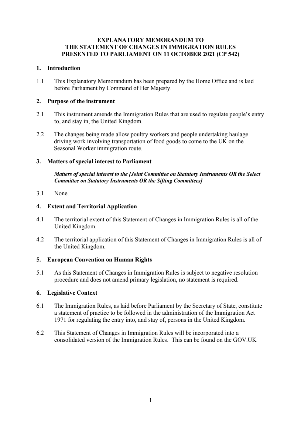 Explanatory Memorandum to the Statement of Changes in Immigration Rules
