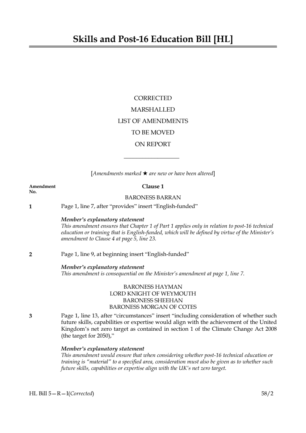 Skills and Post-16 Education Bill Corrected Marshalled List of amendments to be moved on report
