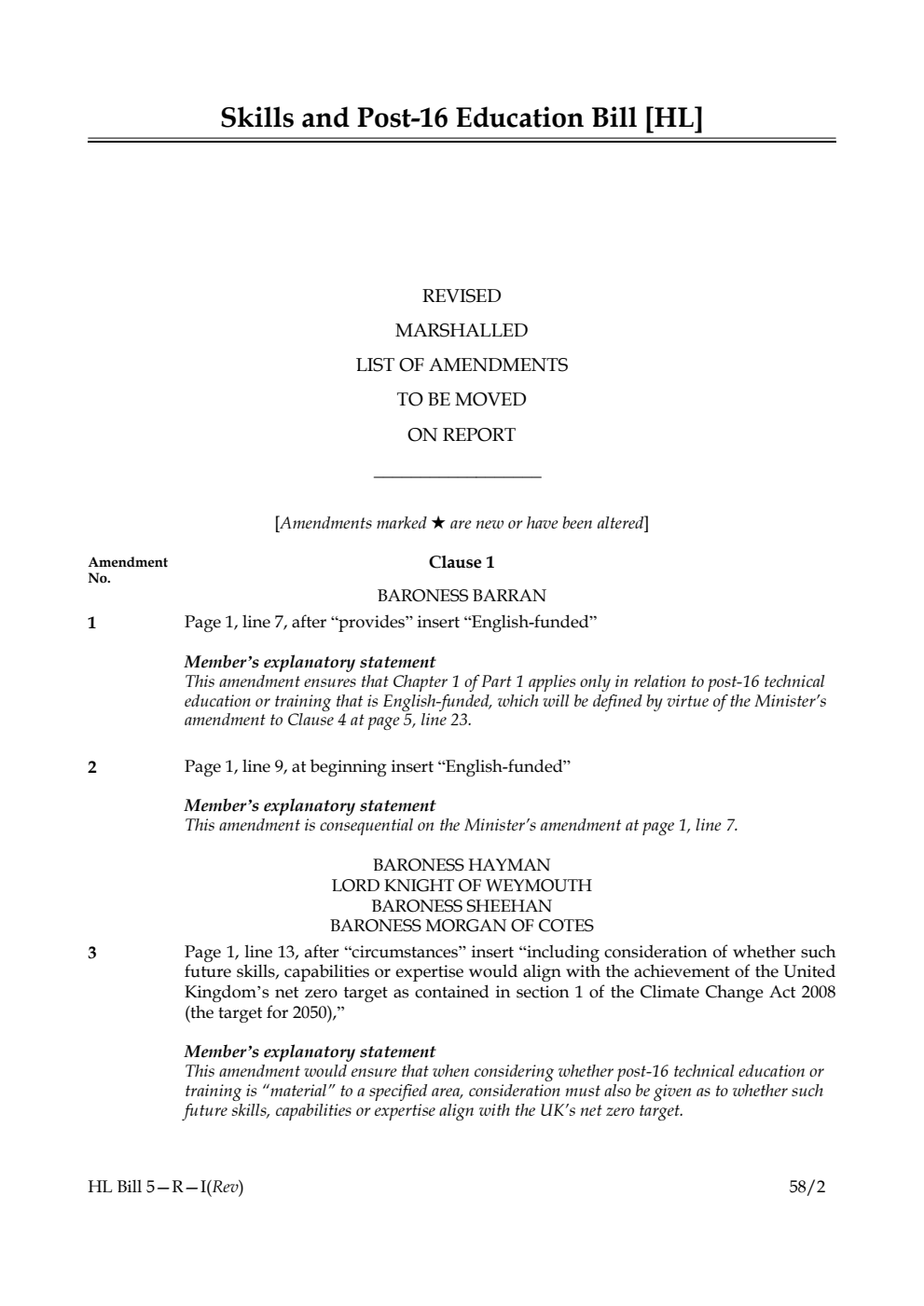 Skills and Post-16 Education Bill Revised Marshalled List of amendments to be moved on report