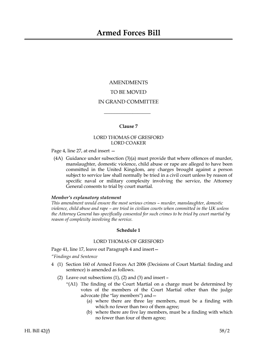 Armed Forces Bill Amendments to be moved in Grand Committee