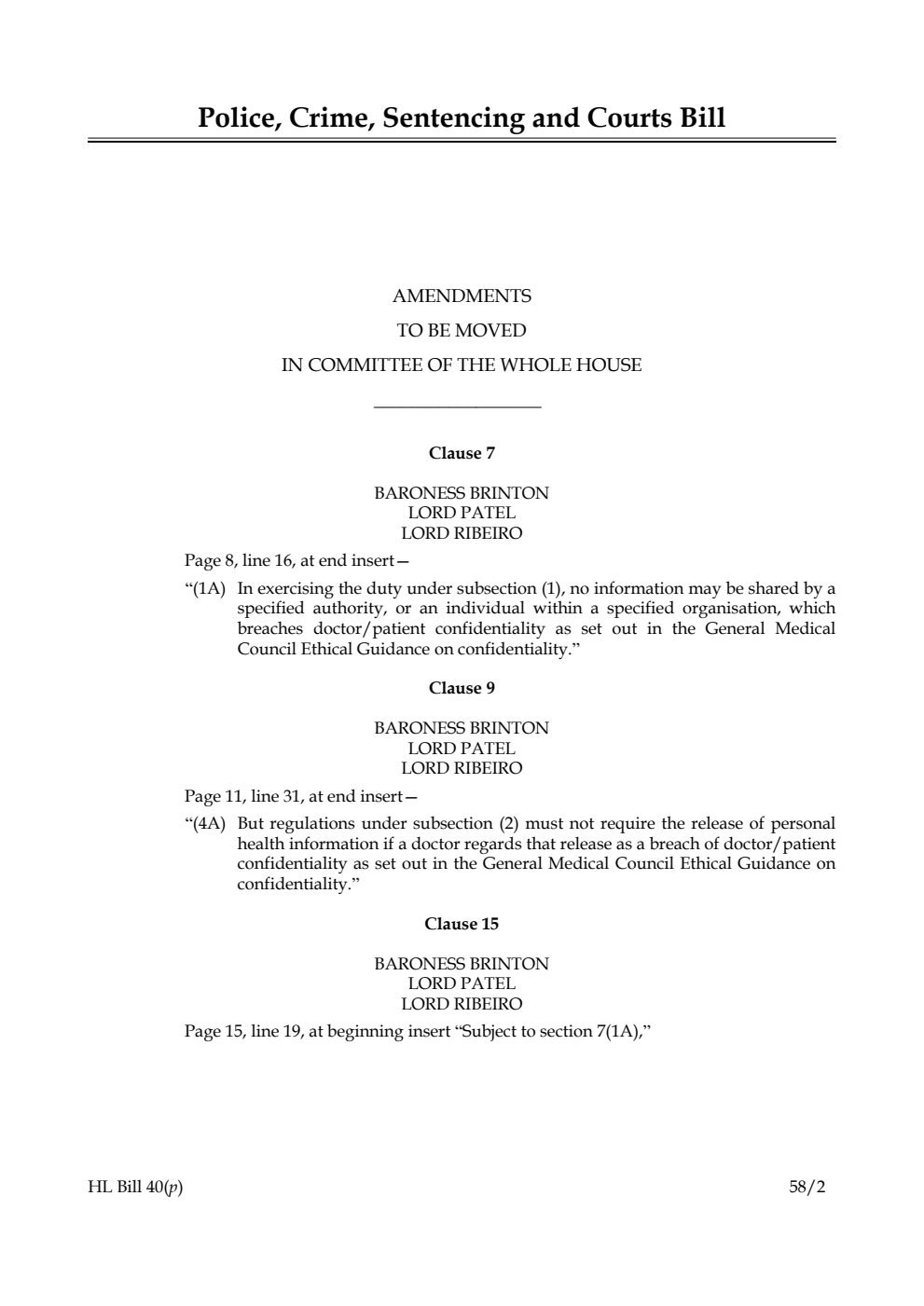 Police, Crime, Sentencing and Courts Bill Amendments to be moved in Committee of the Whole House