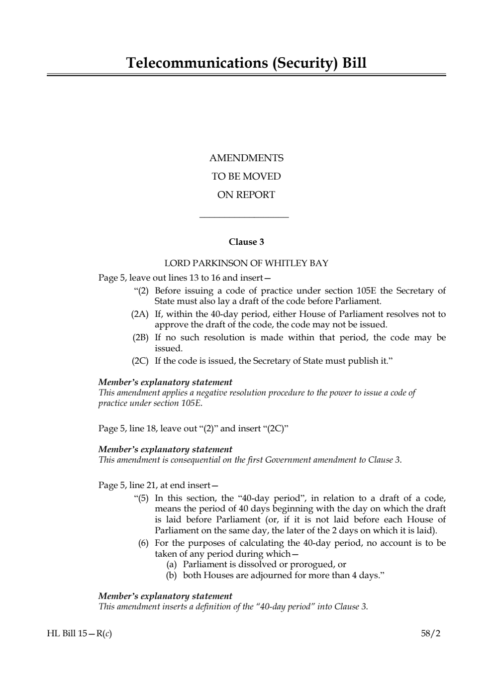 Telecommunications (Security) Bill Amendments to be moved on Report