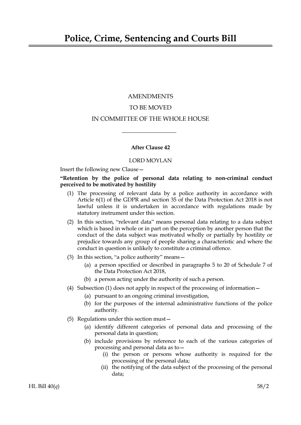 Police, Crime, Sentencing and Courts Bill Amendments to be moved in Committee of the Whole House