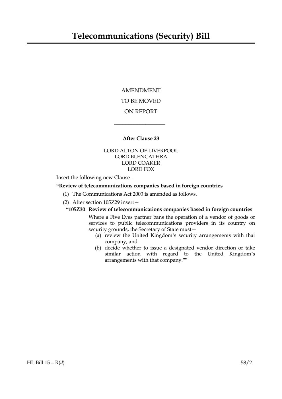 Telecommunications (Security) Bill Amendment to be moved on Report