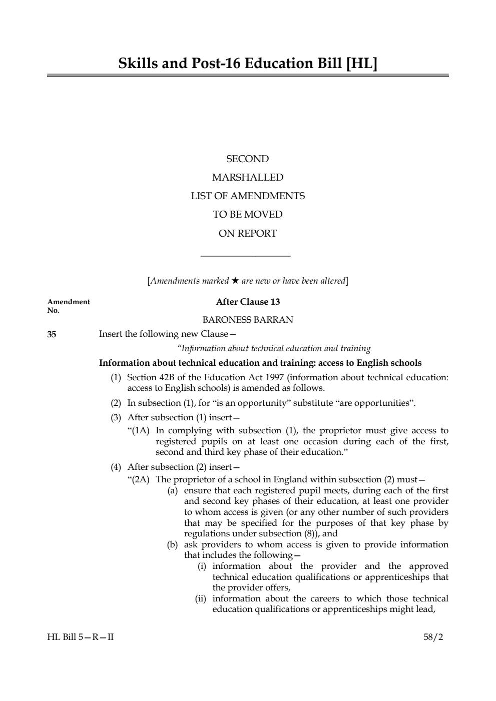 Skills and Post-16 Education Bill Second Marshalled List of amendments to be moved on report