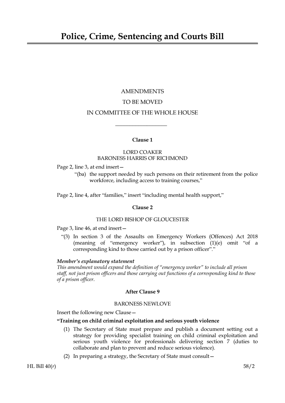 Police, Crime, Sentencing and Courts Bill Amendments to be moved in Committee of the Whole House