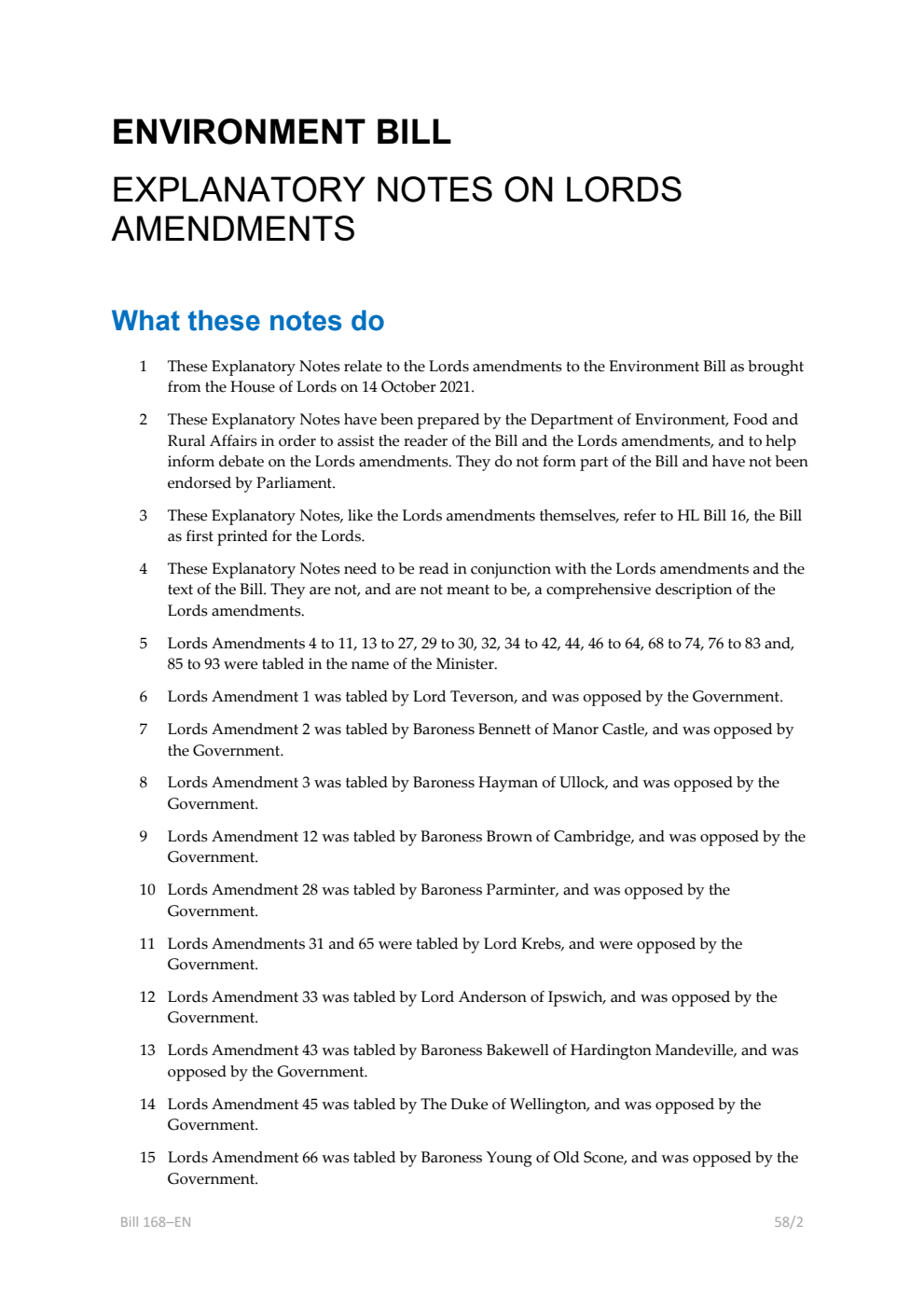 Environment Bill Explanatory Notes on Lords Amendments