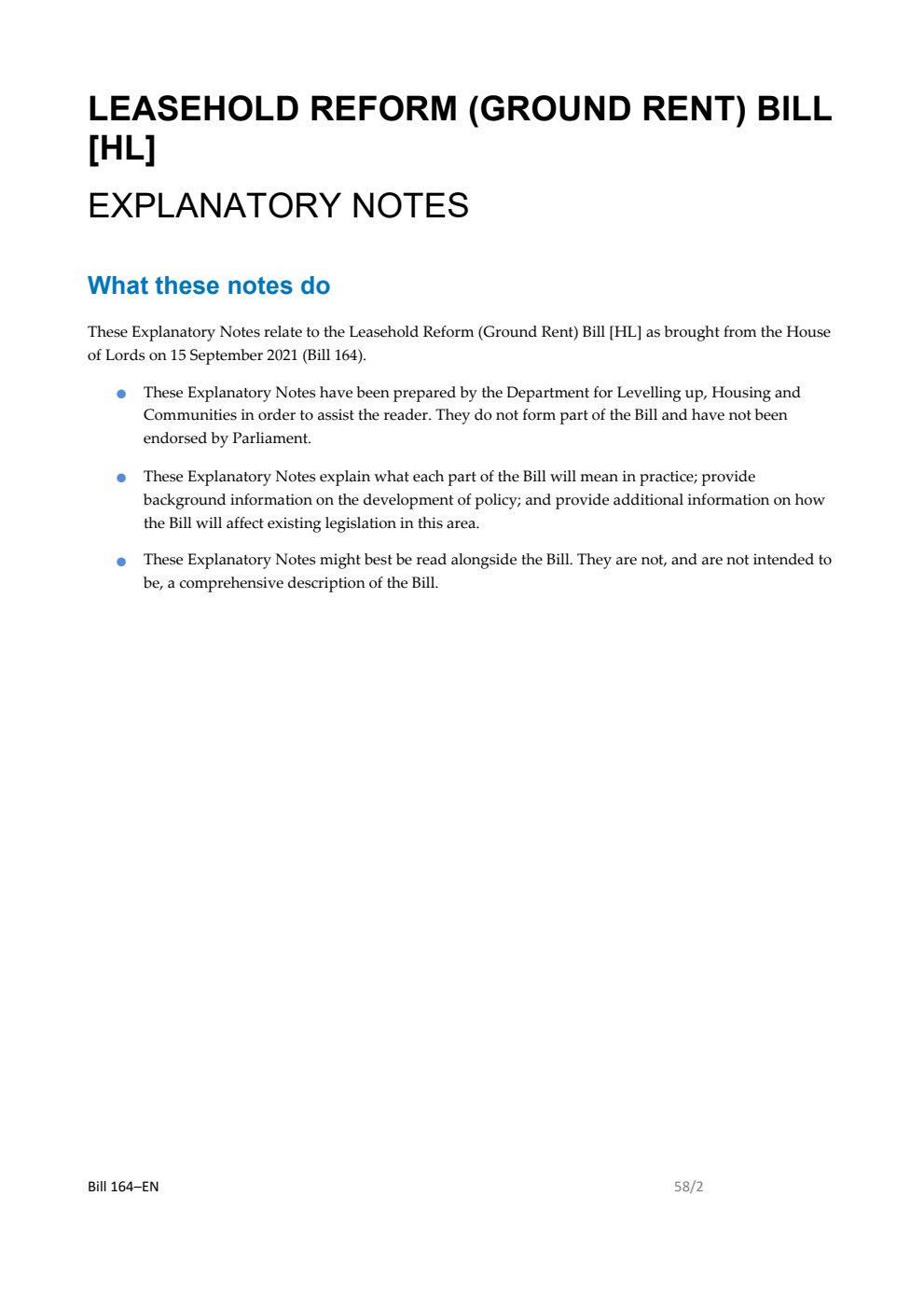 Leasehold Reform (Ground Rent) Bill Explanatory Notes