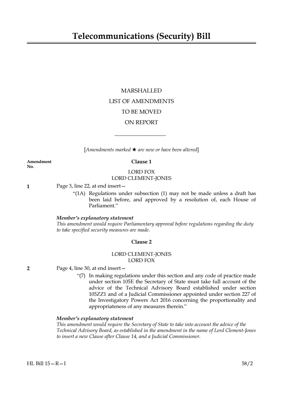 Telecommunications (Security) Bill Marshalled List of amendments to be moved on report