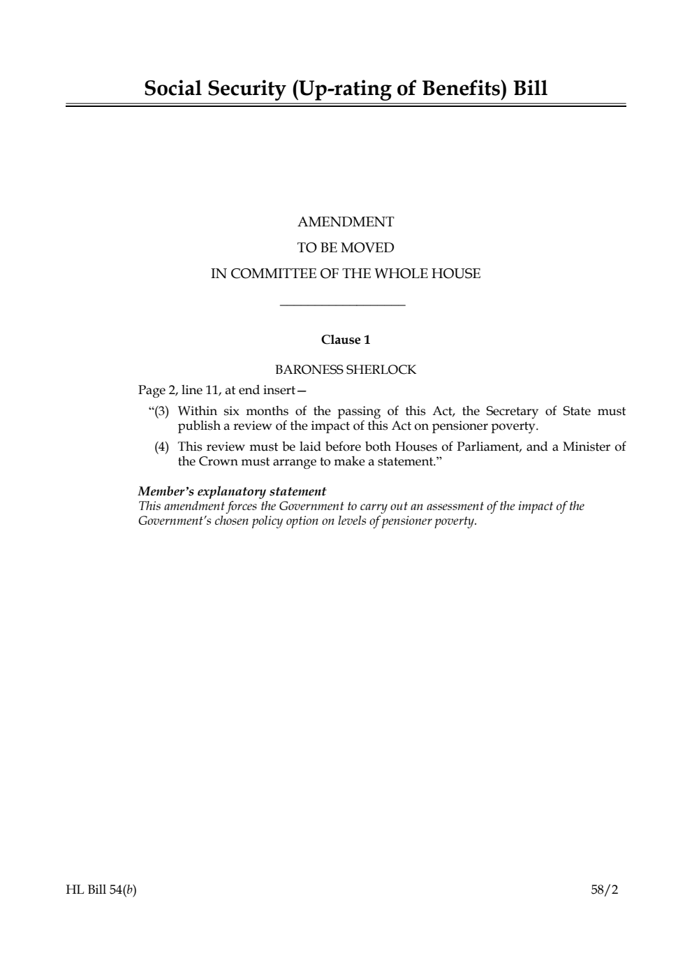 Social Security (Up-rating of Benefits) Bill Amendment to be moved in Committee of the Whole House