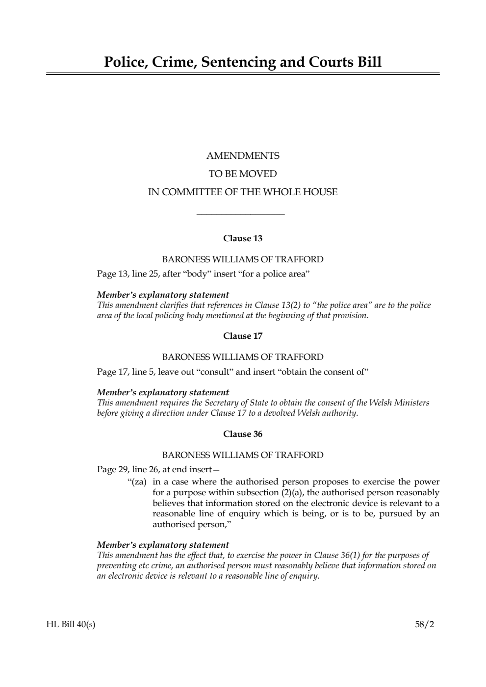 Police, Crime, Sentencing and Courts Bill Amendments to be moved in Committee of the Whole House