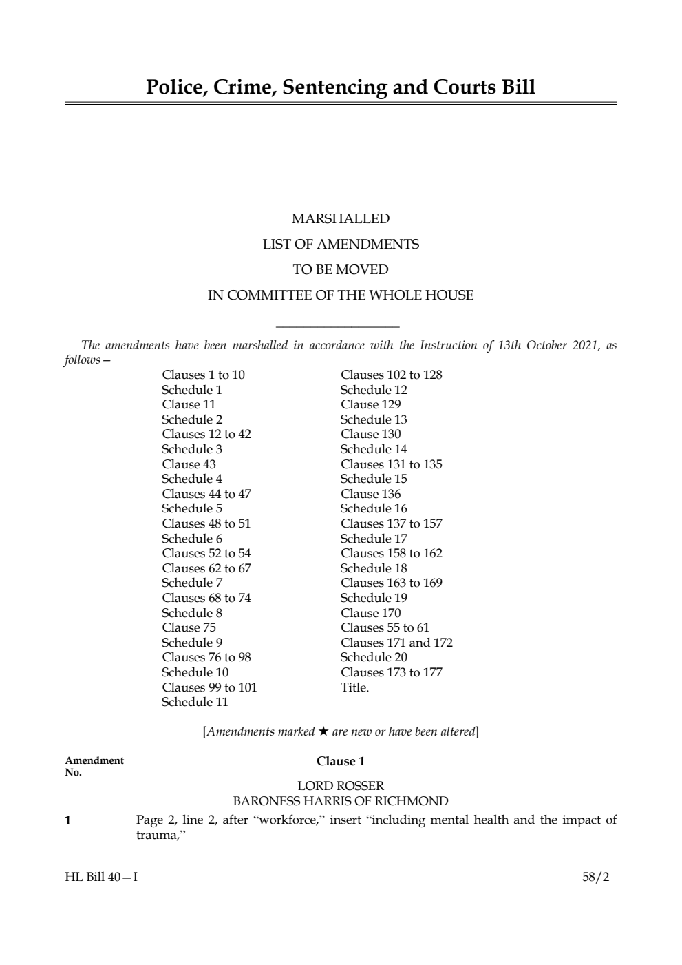 Police, Crime, Sentencing and Courts Bill Marshalled List of Amendments to be moved in Committee of the Whole House