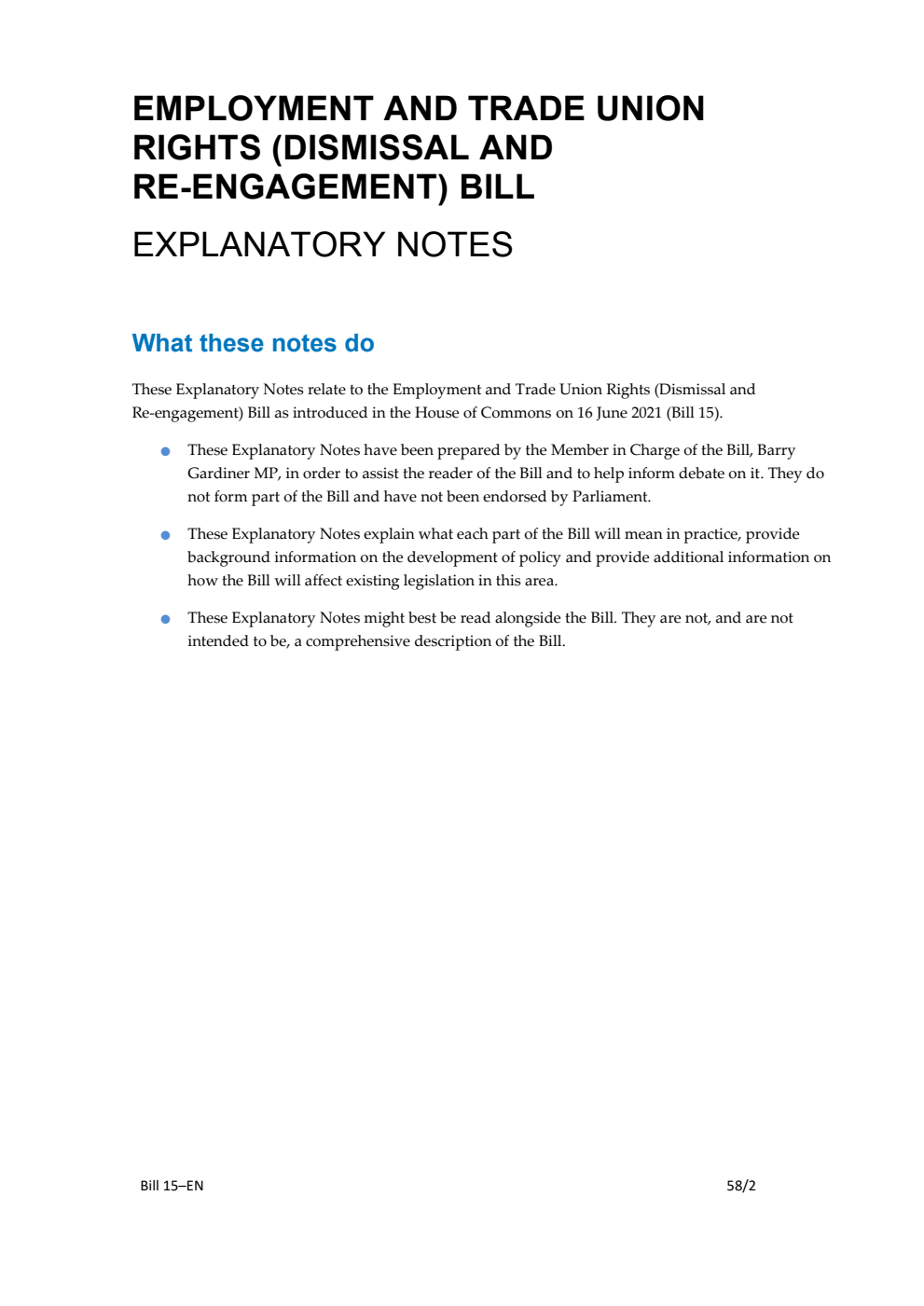 Employment and Trade Union Rights (Dismissal and Re-engagement) Bill Explanatory Notes