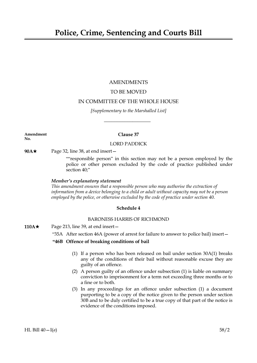 Police, Crime, Sentencing and Courts Bill Amendments to be moved in Committee of the Whole House